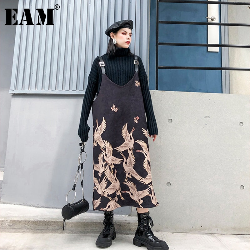 [EAM] Women Suede Pattern Printed Strapless Dress New Round Neck Sleeveless Loose Fit Fashion Tide Spring Autumn 2020 1K358