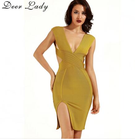 Deer Lady $9.9 ONLY!! Clearance Sale! Yellow Bandage Dress Bodycon Celebrity Club Evening Party Dress