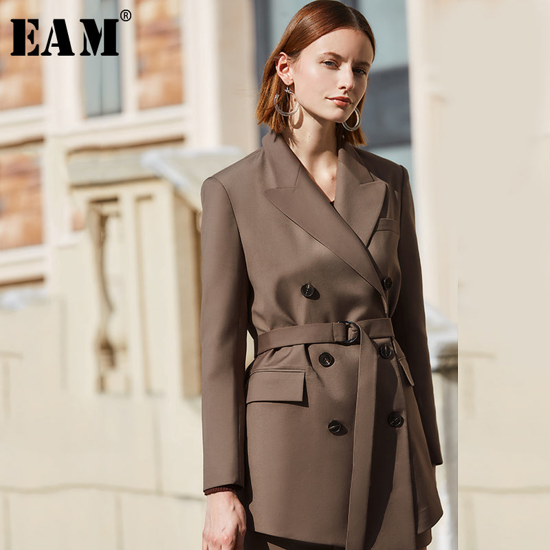 [EAM] Loose Fit Double Breasted Temperament Big Size Jacket New Lapel Long Sleeve Women Coat Fashion Tide Spring 2020 1S073