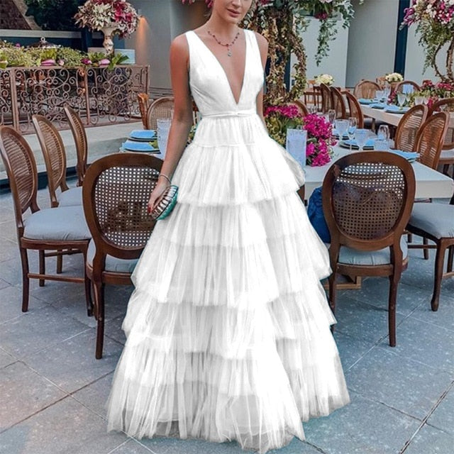 Women Ball Gown Dresses Tulle Jupe Femme Floor Length Cascading Dress Wedding Party Tutu Dresses High Waist Maxi Dress Patchwork