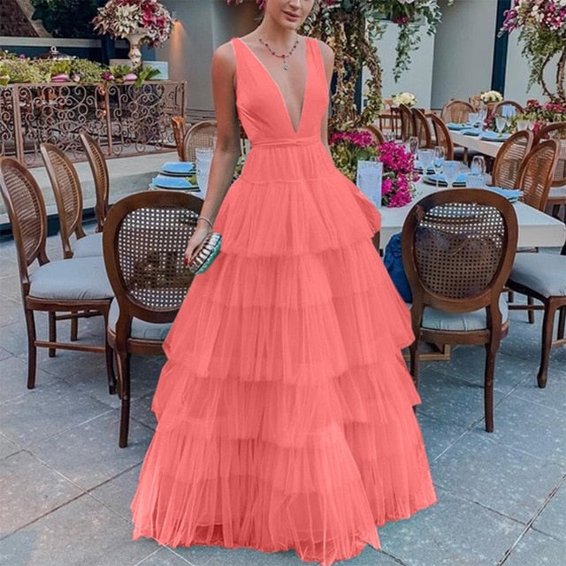 Women Ball Gown Dresses Tulle Jupe Femme Floor Length Cascading Dress Wedding Party Tutu Dresses High Waist Maxi Dress Patchwork