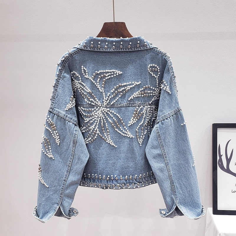 2020 Women Denim Coat Heavy Hand Beaded Rivet Short Jeans Jackets Spring Autumn Lady Casual Loose Single Breasted Top 2091