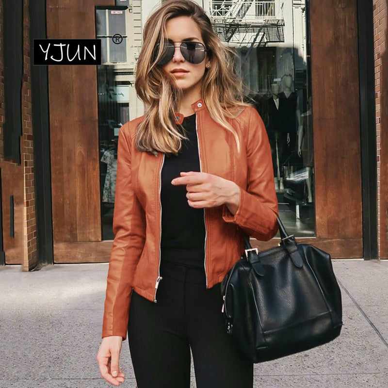 Cropped Jackets Spring Autumn Women Short PU Leather Clothes Solid Cardigan Coat Zippers Outwear 2020 Blouson Feminina