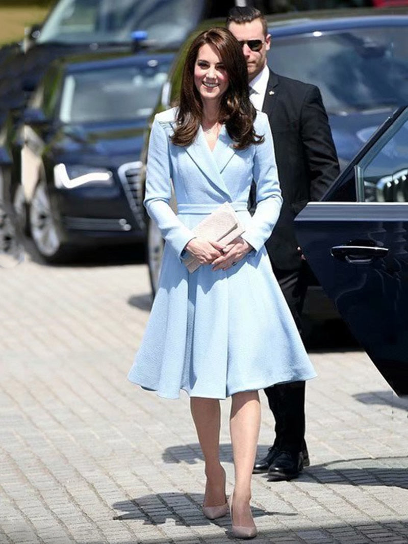 Kate Middleton Princess Women A-Line Dress Elegant Long Sleeve Notched Collar Dresses