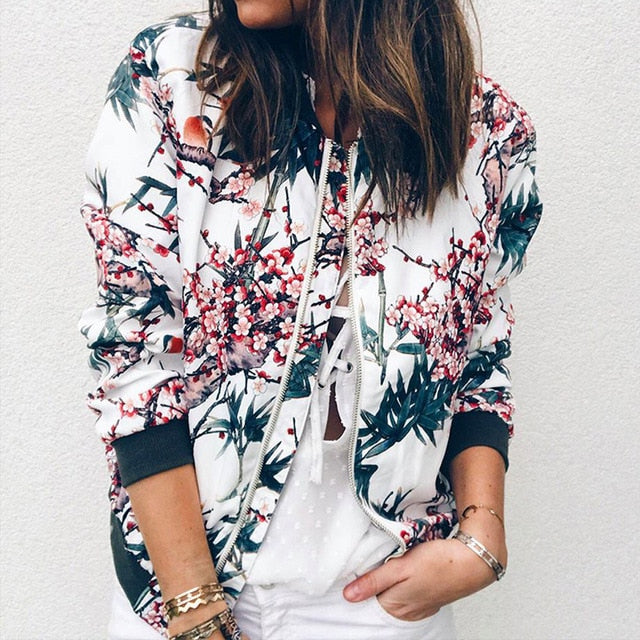 Women Fashion Jacket Retro Floral Print Coat Casual Zipper Up Bomber Ladies Casual Autumn Outwear Coats Women Clothing