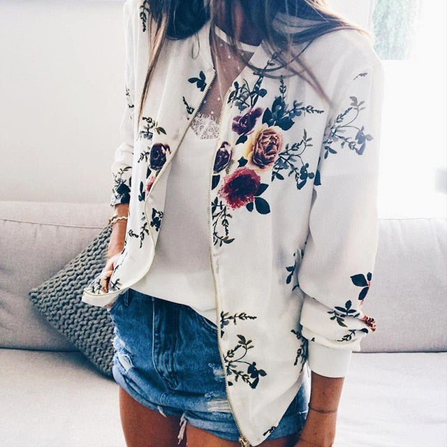 Women Fashion Jacket Retro Floral Print Coat Casual Zipper Up Bomber Ladies Casual Autumn Outwear Coats Women Clothing