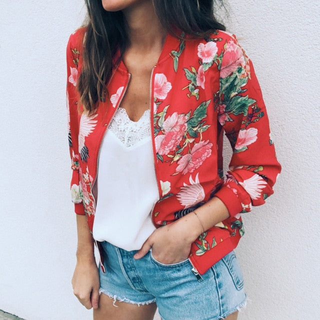 Women Fashion Jacket Retro Floral Print Coat Casual Zipper Up Bomber Ladies Casual Autumn Outwear Coats Women Clothing