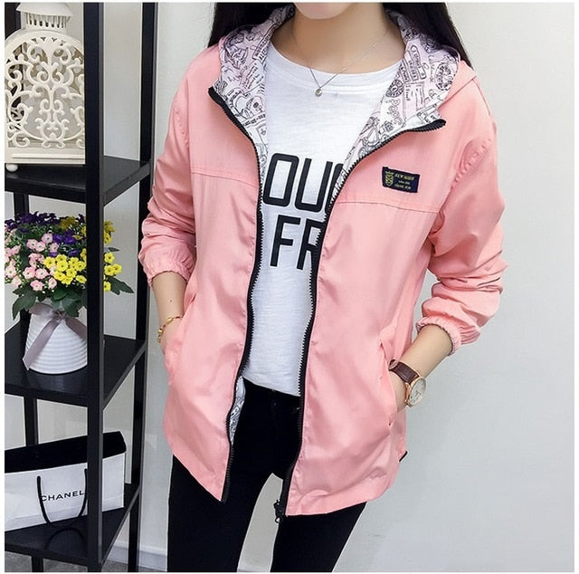 Spring Autumn Fashion women Bomber women Jacket Pocket Zipper Hooded Two Side Wear Outwear Loose Plus Size Windbreaker Famale