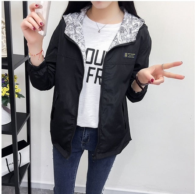 Spring Autumn Fashion women Bomber women Jacket Pocket Zipper Hooded Two Side Wear Outwear Loose Plus Size Windbreaker Famale