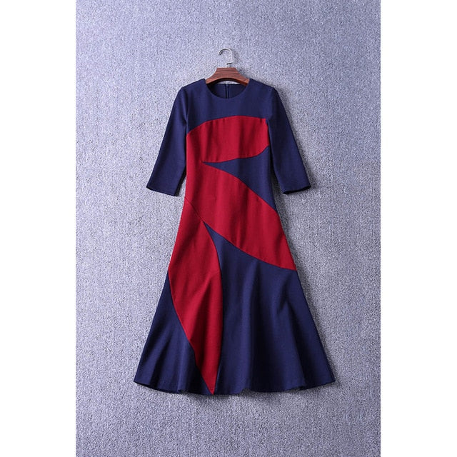 2018 Victoria Beckham Color Splicing Printing O-Neck Three Quarter Sleeves Ankle-Length Ruffles Cotton Dress Women Elegant